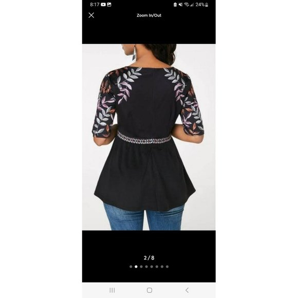 Black V Neck Blouse with Leaves Pattern and Half Sleeve Size Large - Picture 2 of 8
